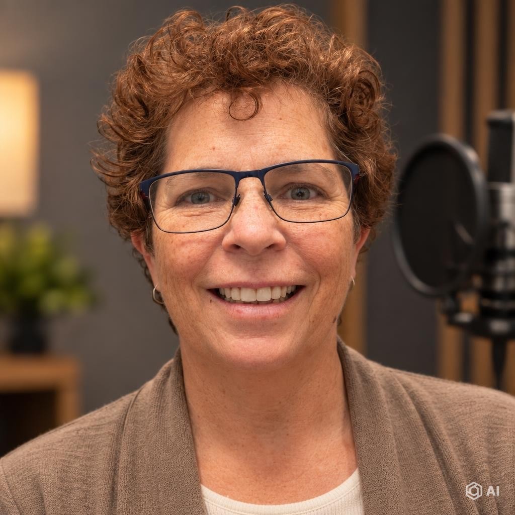 Dale-Lyn Russell smiling beside a recording microphone